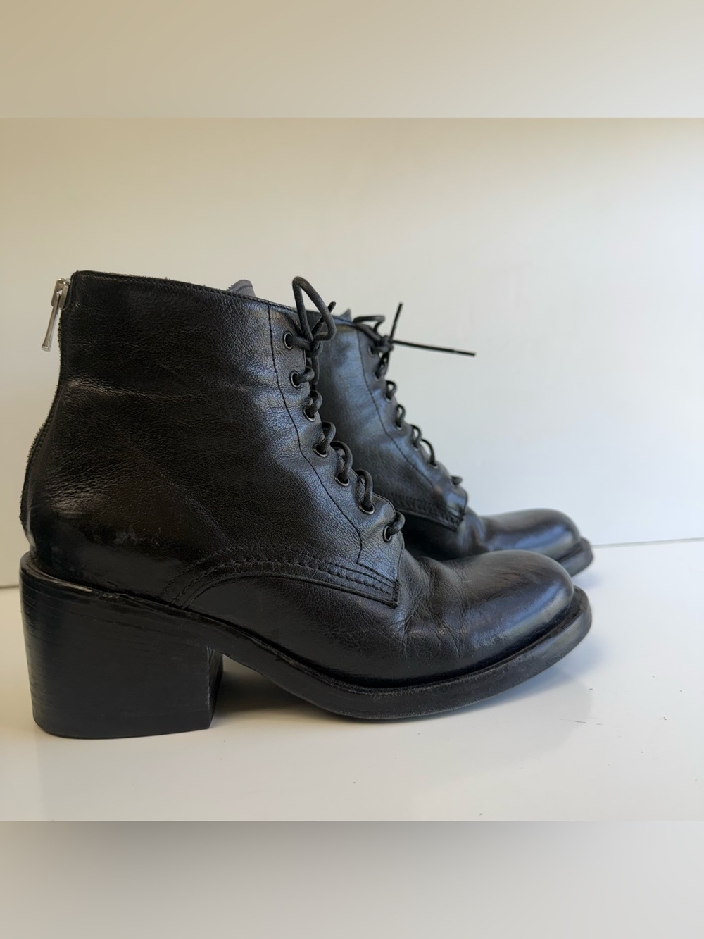 Officine Creative Zipper zip lace up Booties heeled black leather 38.5